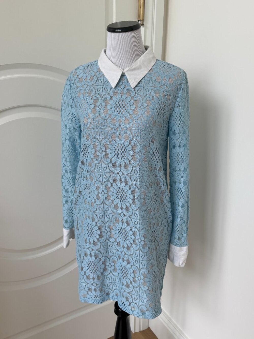 English Factory Blue Lace Dress with White Collar